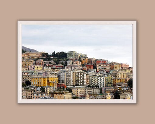 Wooden framed artistic print of a stunning scenery in Genova, Italy, showcasing the geometric arrangement of some edifices. Photo captured by Travel Photographer Scott Allen Wilson.