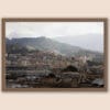 Walnut framed artistic print of a splendid landscape in Genova, Italy, showcasing clusters of edifices on the hillside. Photo captured by Travel Photographer Scott Allen Wilson.