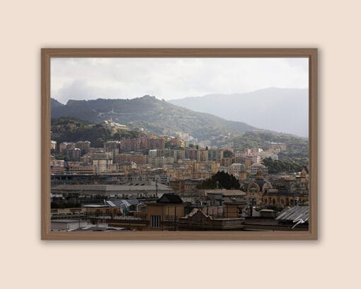 Walnut framed artistic print of a splendid landscape in Genova, Italy, showcasing clusters of edifices on the hillside. Photo captured by Travel Photographer Scott Allen Wilson.