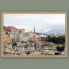 Wooden framed artistic print of a lovely cityscape in Genova, Italy, showcasing colorful edifices on a hillside. Photo captured by Travel Photographer Scott Allen Wilson.