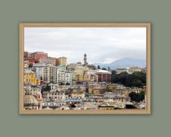 Wooden framed artistic print of a lovely cityscape in Genova, Italy, showcasing colorful edifices on a hillside. Photo captured by Travel Photographer Scott Allen Wilson.