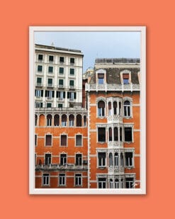 Wooden framed artistic print of a historical house in Genova, Italy, tinted a bright orange color. Photo captured by Travel Photographer Scott Allen Wilson.