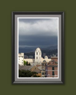 Wooden framed artwork by Travel Photographer Scott Allen Wilson, showcasing a bright white domed tower uplifting towards dark cloudy skies.