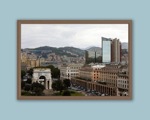 Wooden framed artistic print of a dazzling cityscape, featuring two main architectures: a historical grand arch and a modernistic glass skyscraper.