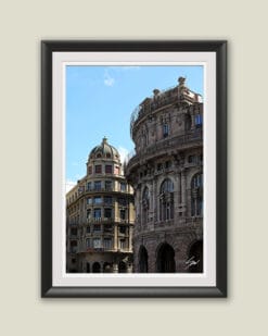 Wooden framed artwork by Travel Photographer Scott Allen Wilson, showcasing a decorated historical palace and a more modern, domed structure hosting a sushi restaurant.