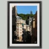 Wooden framed artistic print of a warm and inviting scenery in Genova, Italy, showcasing residential blocks under green woods. Photo captured by Travel Photographer Scott Allen Wilson.