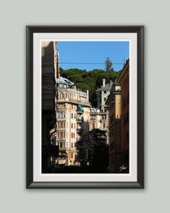 Wooden framed artistic print of a warm and inviting scenery in Genova, Italy, showcasing residential blocks under green woods. Photo captured by Travel Photographer Scott Allen Wilson.