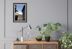 The neutral grey of the concrete, together with the geometrical shapes of the buildings, ideally match the ash tone in this room’s walls, while it contrasts beautifully with the natural curves of the plants.