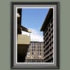 Wooden framed artistic print of some modernistic edifices facing each other. Photo captured in Genova, Italy, by Travel Photographer Scott Allen Wilson.