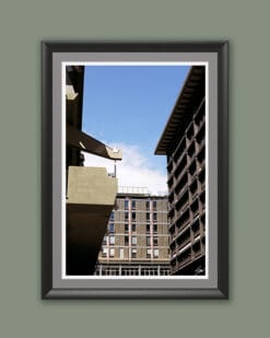 Wooden framed artistic print of some modernistic edifices facing each other. Photo captured in Genova, Italy, by Travel Photographer Scott Allen Wilson.