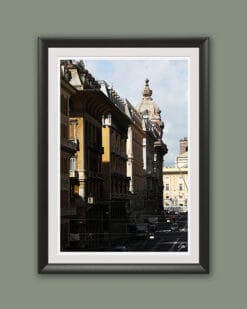 Wooden framed artistic print of tall rowed edifices, immersed in light and darkness. Photo captured in Genova, Italy, by Travel Photographer Scott Allen Wilson.