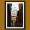 Wooden framed artistic print of a majestic dome, rising above vibrant orange houses. Photo captured in Genova, Italy, by Travel Photographer Scott Allen Wilson.