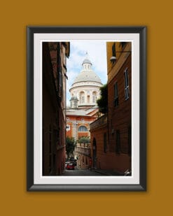 Wooden framed artistic print of a majestic dome, rising above vibrant orange houses. Photo captured in Genova, Italy, by Travel Photographer Scott Allen Wilson.