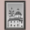 Gorgeous piece of art framed by a grey passe-partout, showcasing an imposing tower and its dome create a visual illusion that gives this artistic work a magnetic charm.